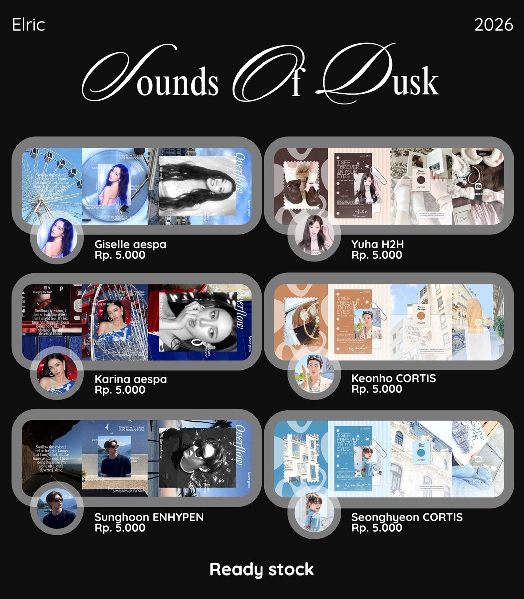 SoundsOfDusk's tweet photo. CLEARANCE SALE !!!
Halo dalam rangka mau rest dulu, Elric mau cs layout rs dibawah ini :

💷 : 5.000/each
📍 : dm or tele only

👥 : Yuha H2H, Keonho Seonghyeon Sean CORTIS, Karina Giselle Ningning, Sunghoon ENHYPEN, SUI KIIIKIII, Wendy Seulgi Joy RV, Hanni NewJeans

#zonauang https://t.co/bbfQyVj4JU