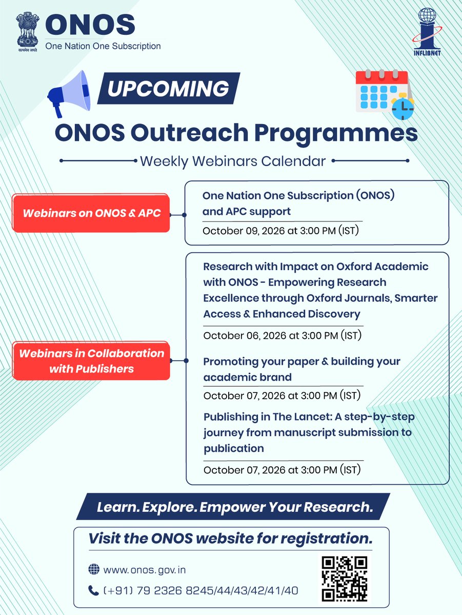 INFLIBNET's tweet photo. Expand Your Research Horizons with ONOS. Register for the ONOS Outreach Webinar Series.
#ONOS #OneNationOneSubscription #INFLIBNET #APCSupport #ONOS #OneNationOneSubscription #INFLIBNET #HigherEducation #ScholarlyCommunication #Research #AwarenessProgramme #ONOSoutreach https://t.co/BSqjGC8AkN