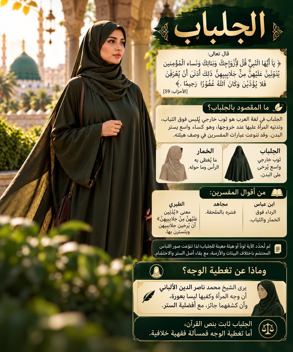 saudi_ksa1727's tweet photo. ما الجلباب؟ وهل هو النقاب؟
قال تعالى:
﴿…يُدْنِينَ عَلَيْهِنَّ مِن جَلَابِيبِهِنَّ﴾
[الأحزاب: 59]

🔹 الجلباب: ثوبٌ خارجي فوق الثياب.
🔹 الخمار: ما يُغطّى به الرأس.

📖 وفسّره ابن عباس بالرداء فوق الخمار والثياب، ومجاهد بالملحفة، وبيّن الطبري أن معناه إرخاؤه والتستر به.

⚖️ أما تغطية الوجه فمسألة خلافية؛ والألباني يرى جواز كشف الوجه والكفين، مع أفضلية الستر.

🔎 فالخلاصة:
الجلباب نصّ قرآني، أما النقاب فهو حكم فقهي مختلف فيه؛ فلا يصح تحويل الرأي الفقهي إلى حقيقة قرآنية قطعية.

النص يُقرأ كما هو… والحكم يُبنى على الدليل.
#الوعي_اساس_المرحلة