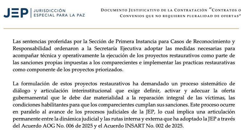 MaclaPosada's tweet photo. Gracias a la JEP los colombianos terminamos pagándole $30.000 millones al PNUD (ONU) para implementar los proyectos productivos que deben desarrollar las FARC como parte de sus "sanciones propias".

Es decir, del bolsillo de las familias trabajadoras salieron los recursos con que el Secretariado de las FARC está cumpliendo sus penas restaurativas, sin un solo día de cárcel y viajando por Colombia para realizar actividades lúdicas. Las víctimas financiando a los victimarios. 

Lo más increíble, es que a corte de enero de 2026 las FARC solo habían entregado bienes por $46.194 millones. La Contraloría advirtió que ese grupo no entregó el 81.8% de los inmuebles y el 96.5% de los muebles que se comprometieron a dar. A esto se suma que Forbes en 2014 estimó la fortuna de las FARC en US$600 millones.

De hecho, entre los contratos para garantizar la defensa jurídica de las FARC ($40.365 millones) y el convenio con el PNUD para implementar las medidas restaurativas ($30.000 millones), los colombianos hemos gastado más que todo el dinero que entregaron las FARC a las víctimas ($46.194 millones).

No hay derecho a que la JEP propicie esta ofensa a los colombianos con recursos de los contribuyentes.