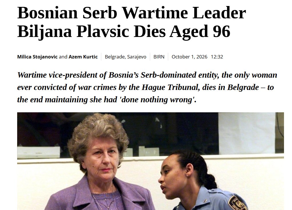 Andric1961's tweet photo. War criminal Biljana Plavsic died.

Some events occur almost a century too late.

At the War Crimes Tribunal at The Hague, she admitted her guilt. But only to receive a better deal with the prosecution, as she later proudly said once she was out of prison. So in summary, Plavsic once famously spoke the truth. And this was when she lied.

Mrs. Plavsic was a war criminal whose language about Bosnian Muslims resembled that of Julius Steicher about Jews. Figures like her emerge where laws, rules and religions fail.
https://t.co/e3DUovAnc6