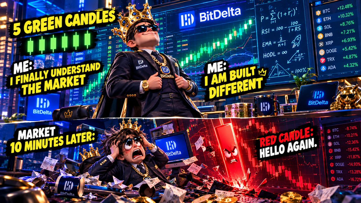 jonsvrxd's tweet photo. Five consecutive green candles and you immediately feel like you understand the market. 😂📈

In fact, the market only needed one red candle to remind you: stay humble, traders. 😭

@BitDelta #BitDeltaMemeBattle https://t.co/okQjLnr451