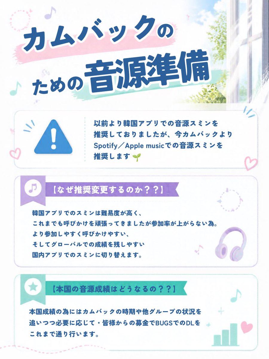 evnne_japanvote's tweet photo. 📢音源スミン準備について

今カムバックから当アカウントから発信する音源スミンの方針が大きく変更になります⚠️
変更の理由や詳細は画像をご確認下さい👀
EVNNEを多くの人に知ってもらうため、1人でも多くのエンブがスミンに興味を持ち実践することが目標です。
🎧今回はドショ休止の為推奨はSpotify https://t.co/uEt1BzNtNy