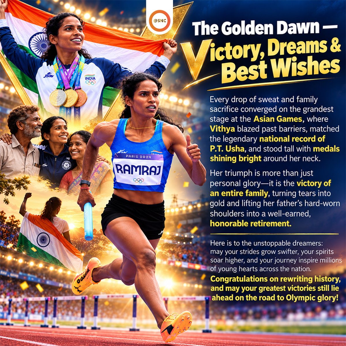 SNCoffice's tweet photo. From Meenakshipuram to the Golden Stage.
A journey of determination, family sacrifice, setbacks, and an unbreakable dream. Vithya’s story is a reminder that every great victory begins with the courage to keep going.
Dream. Sacrifice. Persevere. Triumph.
#VithyaRamraj #SNC https://t.co/JC1qYwfxDF