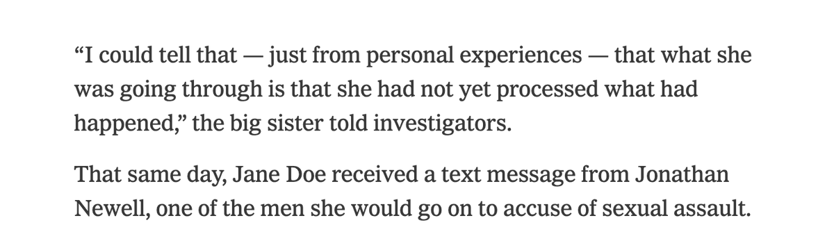 RichardHanania's tweet photo. Incredible reporting from the NYT.

The woman at Cornell did not consider herself a rape victim until she saw people making fun of her for being a slut. 

She went to her "big sister" in her sorority and confessed that she had been a slut. Then while texting one of the men she reassured him that she enjoyed the first part of it and nothing illegal had happened. 

Later, she texted him that she was traumatized. Not by the sex, but because everyone was laughing at her. 

One week after her "rape," she was mad that she got disinvited from a party at the frathouse of her "rapists"!!!!!!!

Only a few days later, she decided that she was a "rape victim." Nobody would laugh at her anymore! She went from an object of ridicule and shame to a hero.

Once again, we need to have a serious conversation about how women are being lied to.

People do not respect sluts. Even at woke Ivy League universities. Human nature is what it is.

The lesson is women should protect their reputations by not doing things like this.