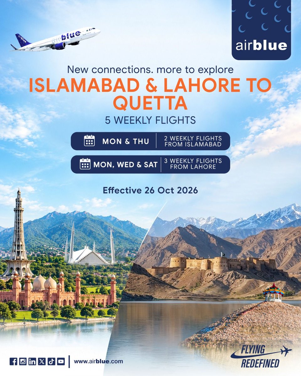 airblueairline's tweet photo. Discover more with Airblue! Fly between Islamabad and Lahore to Quetta with convenient weekly connections designed to bring you closer to new destinations. Plan your next journey and explore more with Airblue!
#Airblue #NewConnections #IslamabadToQuetta #LahoreToQuetta https://t.co/7j3oLggzvZ