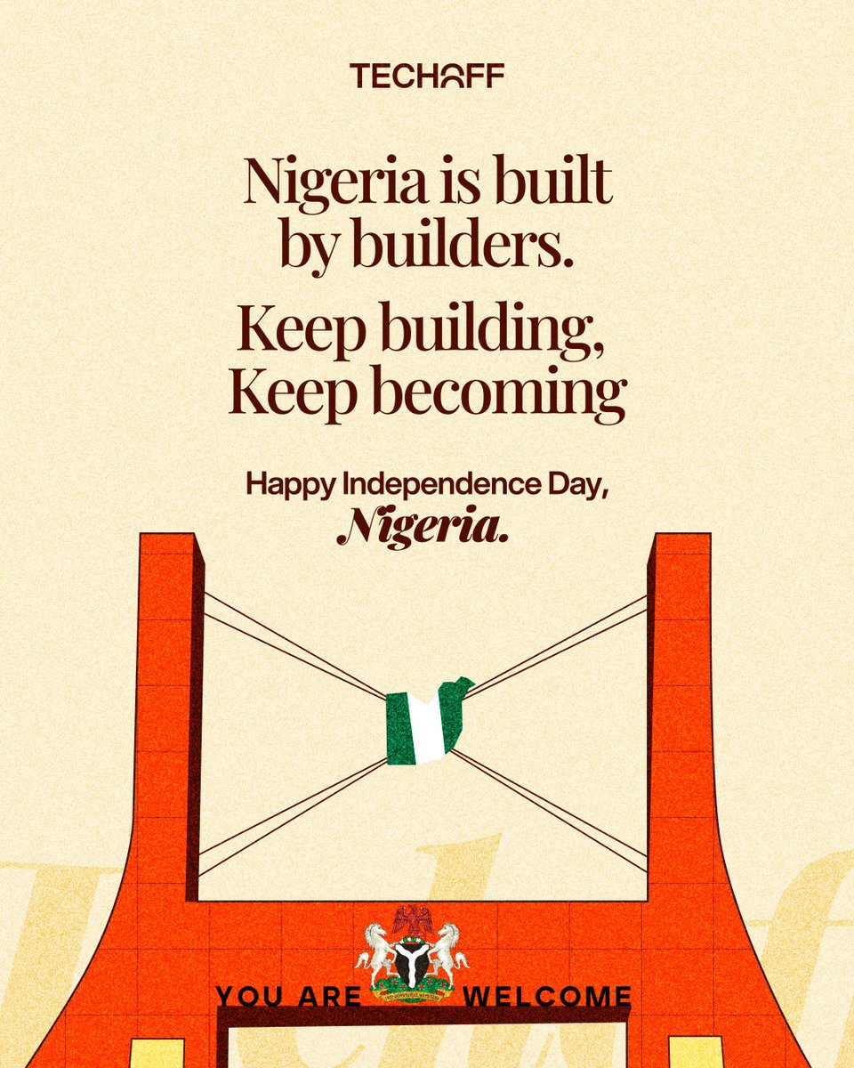 techoffhack's tweet photo. Nigeria has always been a country of people who figure things out.

We build businesses.  
We build communities.  
We build technology.  
We build opportunities where they didn’t exist before.

And to every BUILDER choosing to create, solve, experiment, and make things better, your work is part of the story of what Nigeria can become.

This Independence Day, we celebrate the country we are, and the country we’re still building.

Keep building. 🇳🇬

Happy Independence Day, Nigeria.

#TechOff2026 #EverybodyCanBuild #BuildWithTechOff #Independence
