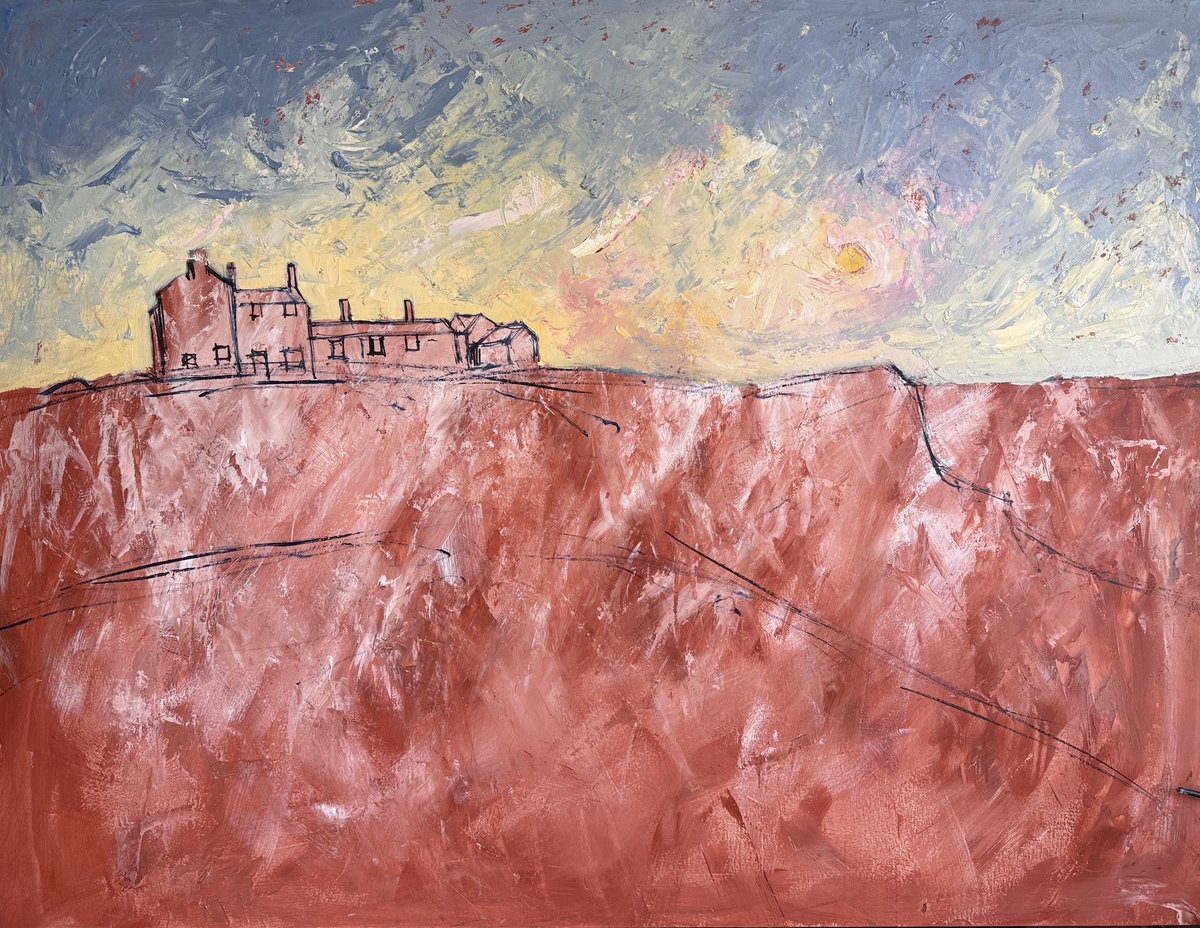 staithesartist's tweet photo. #WIP stages My big 4x3’ painting inspired by #JoanEardley Catterline work. Staithes and surrounding area is my Catterline. This is #Boulby from a sketch I did on walk. Using #oils and #oilsticks. Really having fun with this one. https://t.co/rTHOYVOg1R