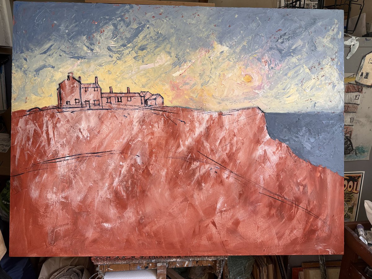 staithesartist's tweet photo. #WIP stages My big 4x3’ painting inspired by #JoanEardley Catterline work. Staithes and surrounding area is my Catterline. This is #Boulby from a sketch I did on walk. Using #oils and #oilsticks. Really having fun with this one. https://t.co/rTHOYVOg1R