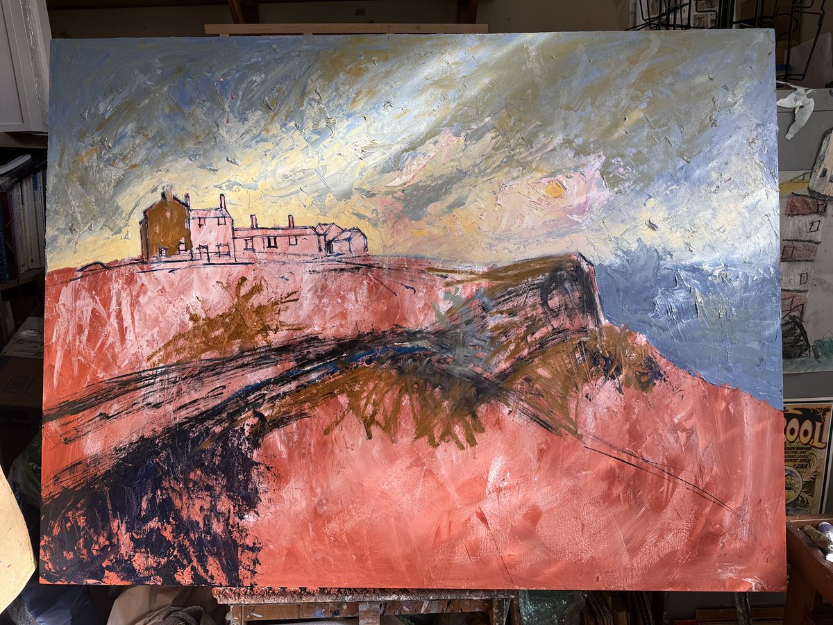 staithesartist's tweet photo. #WIP stages My big 4x3’ painting inspired by #JoanEardley Catterline work. Staithes and surrounding area is my Catterline. This is #Boulby from a sketch I did on walk. Using #oils and #oilsticks. Really having fun with this one. https://t.co/rTHOYVOg1R