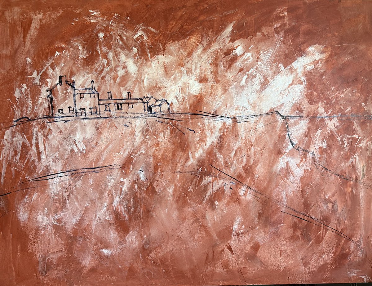 staithesartist's tweet photo. #WIP stages My big 4x3’ painting inspired by #JoanEardley Catterline work. Staithes and surrounding area is my Catterline. This is #Boulby from a sketch I did on walk. Using #oils and #oilsticks. Really having fun with this one. https://t.co/rTHOYVOg1R