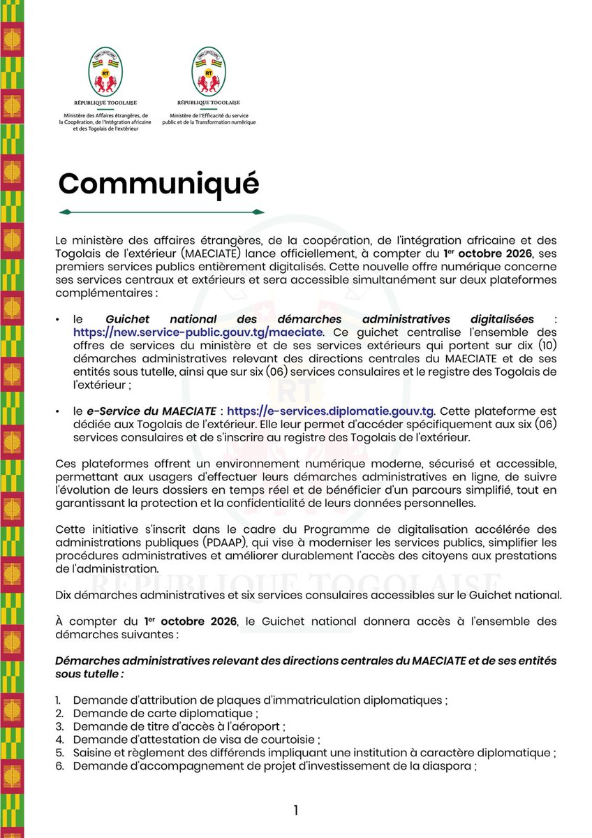 Maeciate's tweet photo. Modernisation de la diplomatie togolaise : Le @Maeciate passe au numérique !
Dans le cadre du Programme PDAAP, le @Maeciate lance officiellement, ce 01/10/2026, ses premiers services publics entièrement digitalisés.
#Diplomatie #Numérique #ServicePublic #PDAAP #DiasporaTogolaise https://t.co/lZZGxyfZ4C