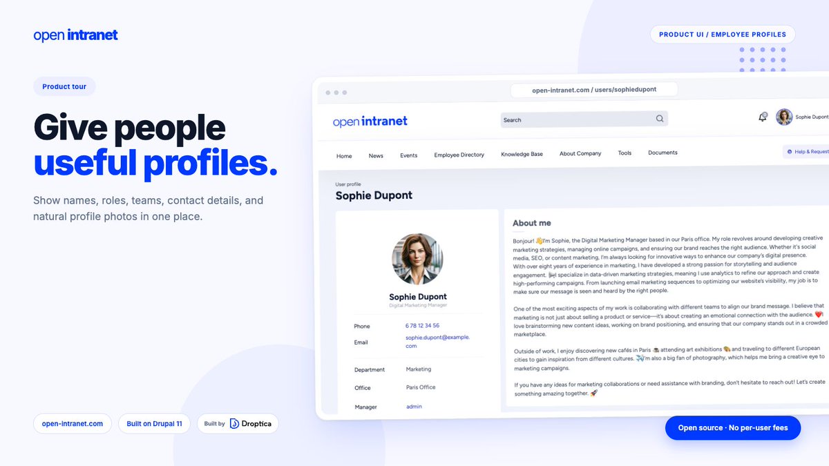 openintranet's tweet photo. A people directory becomes useful when profiles contain more than names.

Open Intranet can combine role, department, office, contact details, photo, biography, and custom fields in searchable employee profiles. https://t.co/AIwtsqiuoi