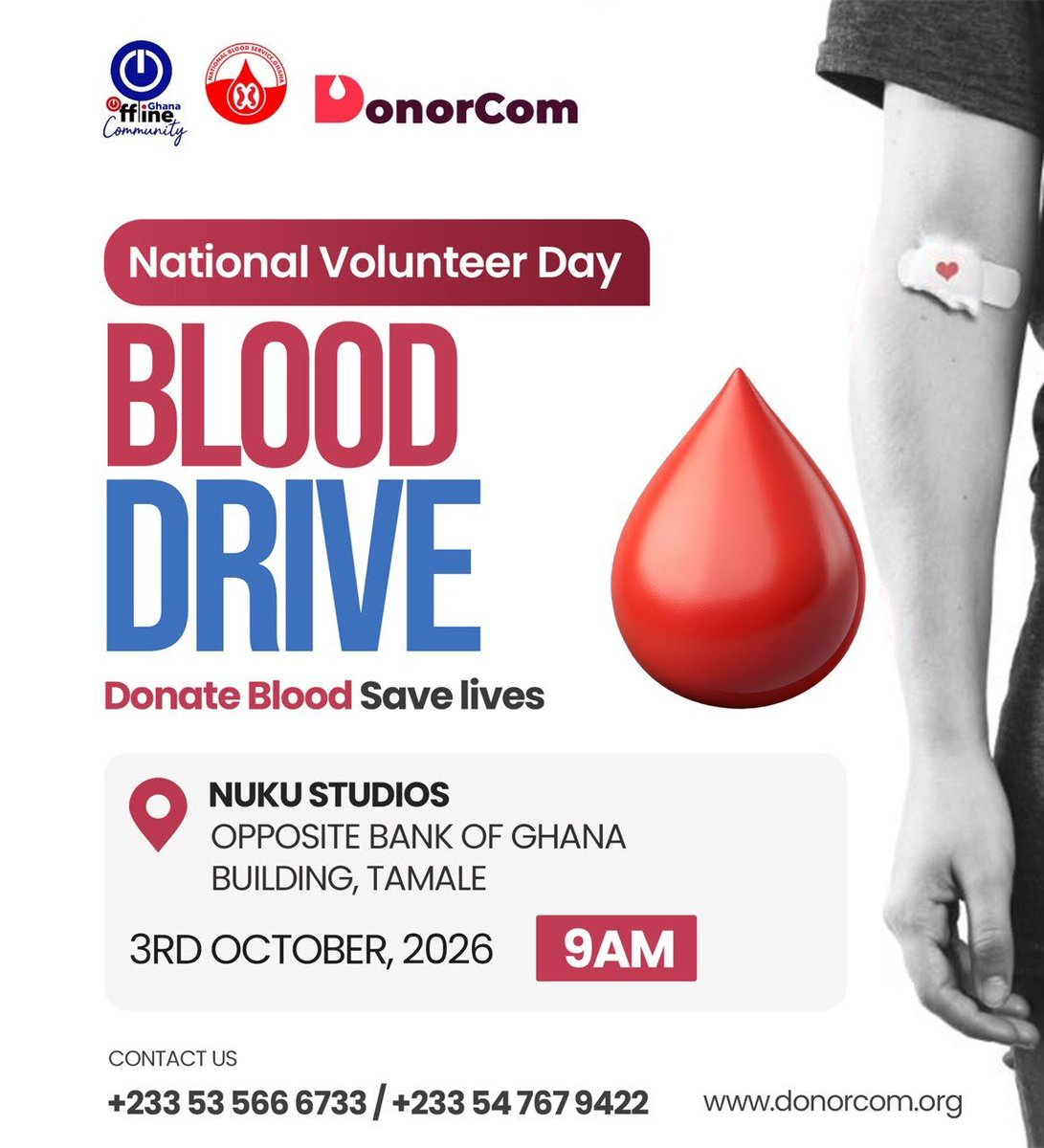volunteeringh's tweet photo. National #Volunteer Day Blood Drive🩸
1 pint from u could save up 2 3 lives.
By #TamaleOfflineHangout, National #BloodService & #Donorcom.
October 3, 2026| 9am| Nuku Studios, #Tamale.
👉 Coming?
https://t.co/Pr9NwyniAz…
#NVDay2026 cc @BarcampTamale @nbsghana #donateblood https://t.co/CtH4rAkPkK