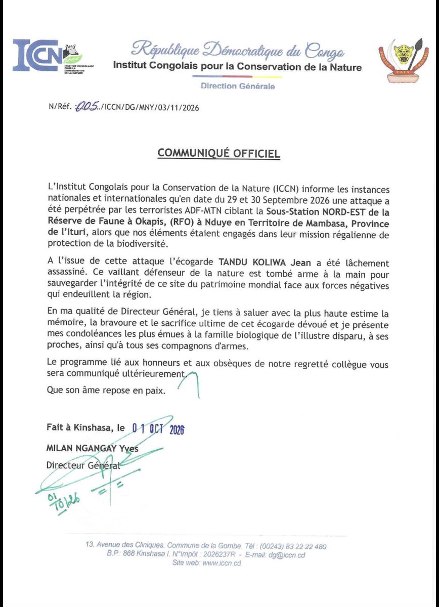 IccnRdc's tweet photo. 🚨 COMMUNIQUÉ OFFICIEL N°005
L'ICCN fixe l'opinion nationale et internationale suite à l'attaque terroriste des ADF à Nduye (RFO). 

Nous pleurons la perte de l’écogarde TANDU KOLIWA Jean, tombé arme à la main. Nos troupes restent déterminées et debout.   
#ICCN #RFO #RDC #Okapi https://t.co/pZOSbzT1IA