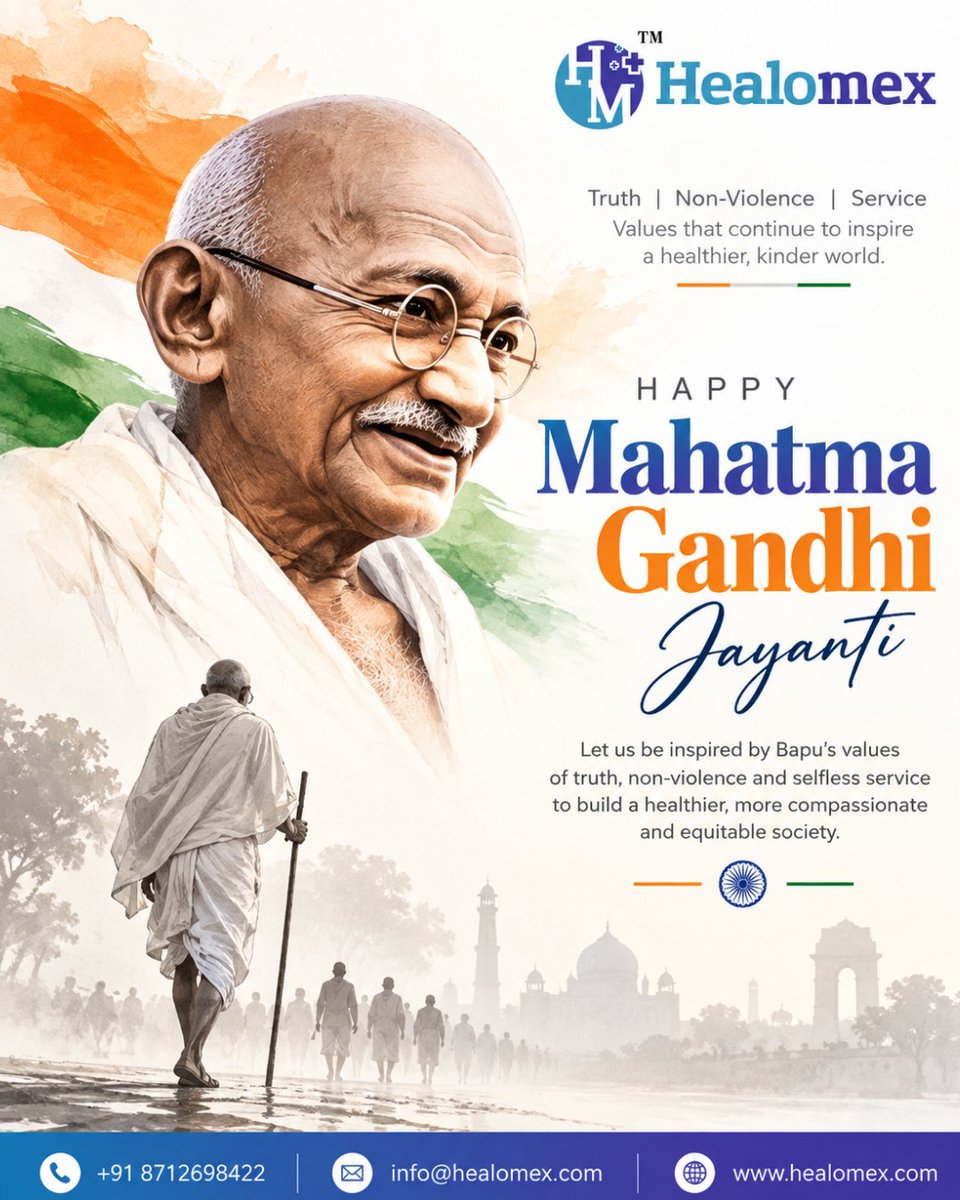 healomex's tweet photo. Gandhi Jayanti | Truth • Non-Violence • Service🇮🇳
#GandhiJayanti #MahatmaGandhi #GandhiJayanti2026 #Truth #NonViolence #SelflessService #Compassion #Healthcare #WoundCare #Healomex #HealthcareIndia #HealthierTomorrow #ServiceToHumanity #IndianHealthcare #GandhiValues #JaiHind🇮🇳 https://t.co/piz1O973UT