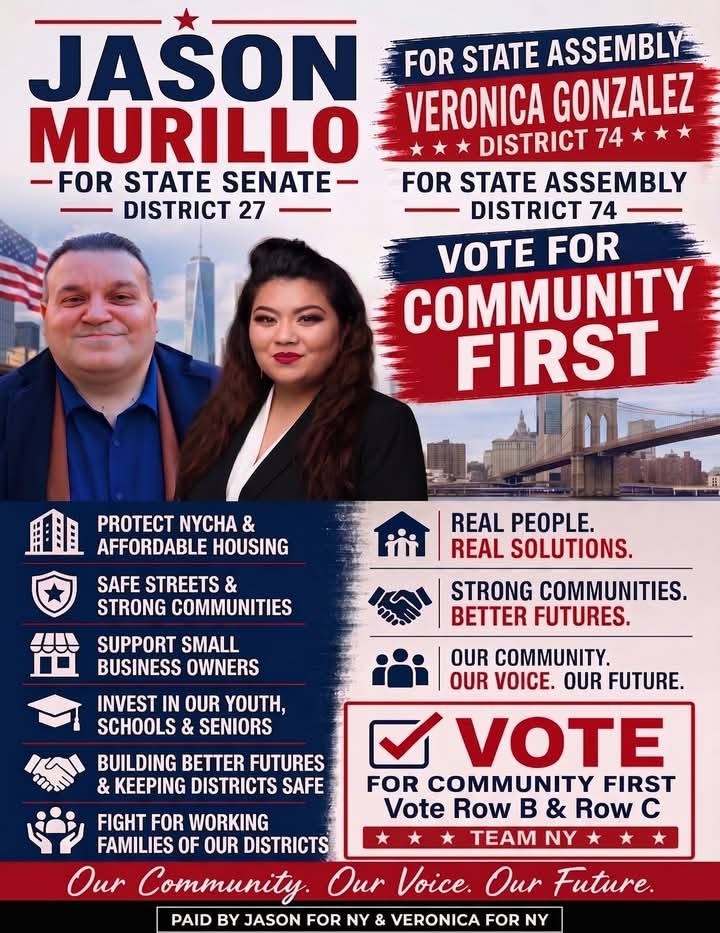 JasonMurilloNY's tweet photo. Jason Murillo for NY State Senate District 27 and Veronica Gonzalez for Assembly District 74. Vote Community First — Row B & Row C. Team NY.
Our community. Our voice. Our future.#VoteCommunityFirst #TeamNY #JasonMurillo #VeronicaGonzalez #NYSenate #NYAssembly #District27 #AD74 https://t.co/Inb1bMEj3j