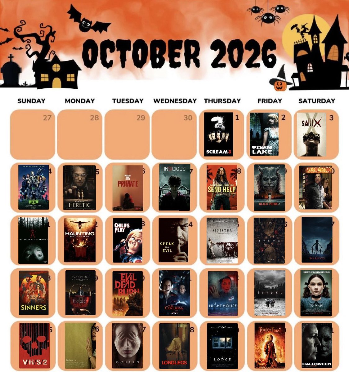 WrnrWrites's tweet photo. 🕸️ HAPPY OCTOBER 🕸️

For those who care, here’s this year’s horror movie calendar.

I’m sure it won’t be to everyone’s liking, so save your judgements and feel free to use it, share it, amend it, or ignore it.

If you do use it, I hope you enjoy it as much as I’m going to 🎃 https://t.co/HLPI1FwsqB