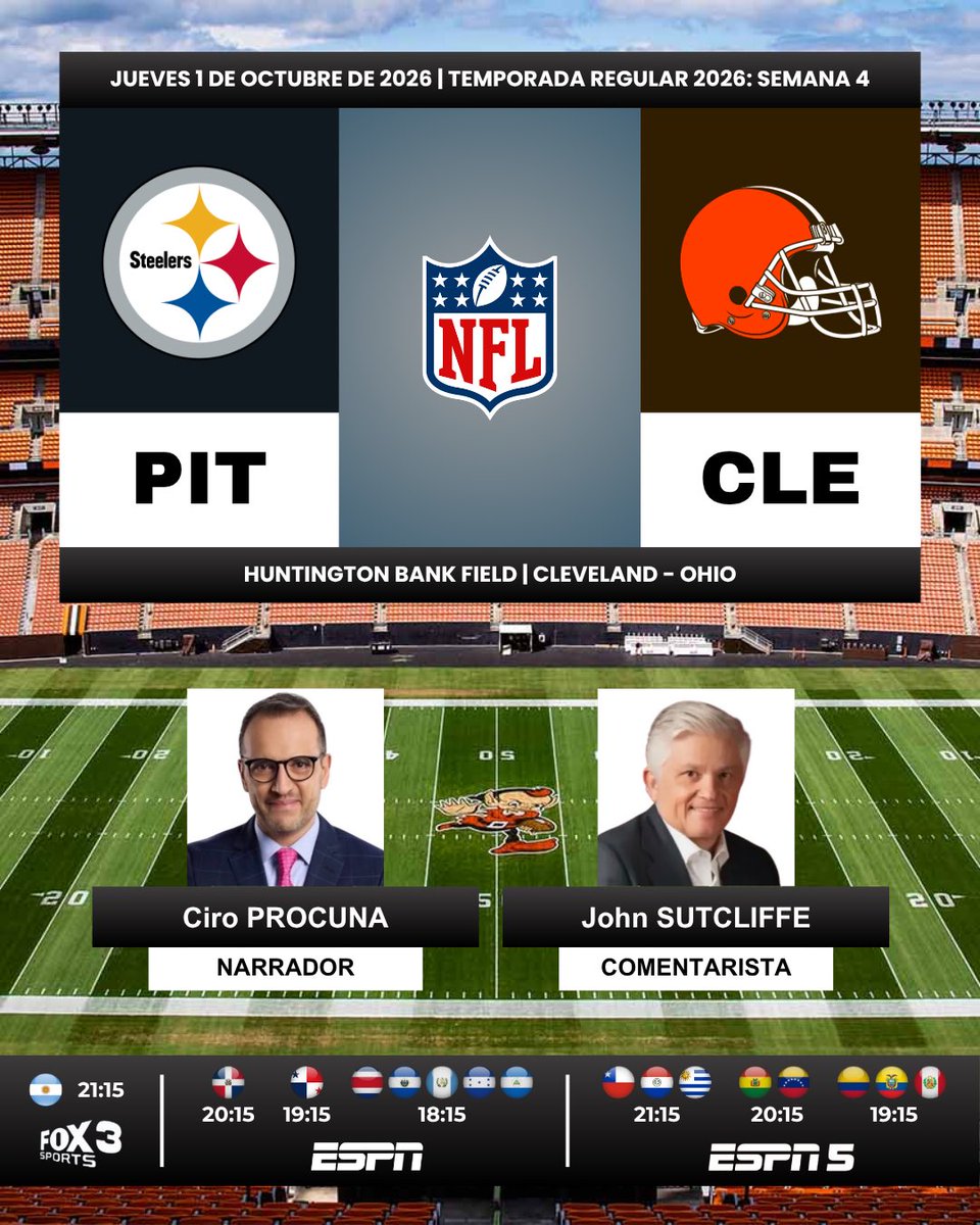 ProgramacionUS's tweet photo. 🏈 #NFL | @steelers vs. @Browns 

🎙️Narrador: @cprocuna  
🎙️Comentarista: @espnsutcliffe 
📺 #FOX3 🇦🇷
📺 #ESPN Centroamérica y 🇩🇴
📺 #ESPN5 Sudamérica
💻📱@disneyplusla Latinoamérica (❌🇲🇽)

#️⃣ #NFLxESPN - #TNF - #PITvsCLE https://t.co/HNEoEy0bHL