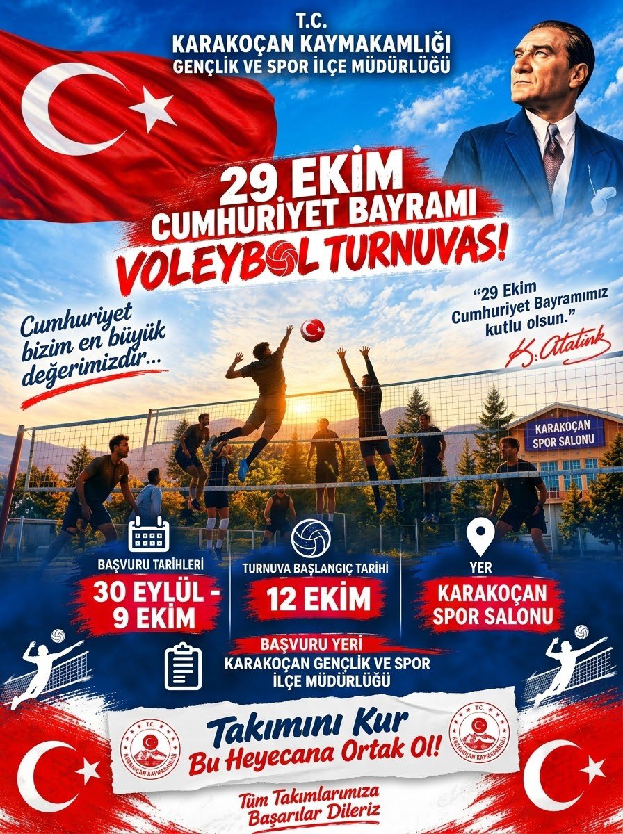 tckarakocan23's tweet photo. 🇹🇷🏐 Cumhuriyetimizin 103. yılı, sporun heyecanıyla kutlanıyor!
29 Ekim Cumhuriyet Bayramı Voleybol Turnuvası başlıyor!
Takımını kur, bu büyük coşkuya sen de ortak ol! 🇹🇷

📅 Başvuru: 30 Eylül – 9 Ekim
🏐 Başlangıç: 12 Ekim
📍 Karakoçan Spor Salonu https://t.co/lPgQNm7HkM