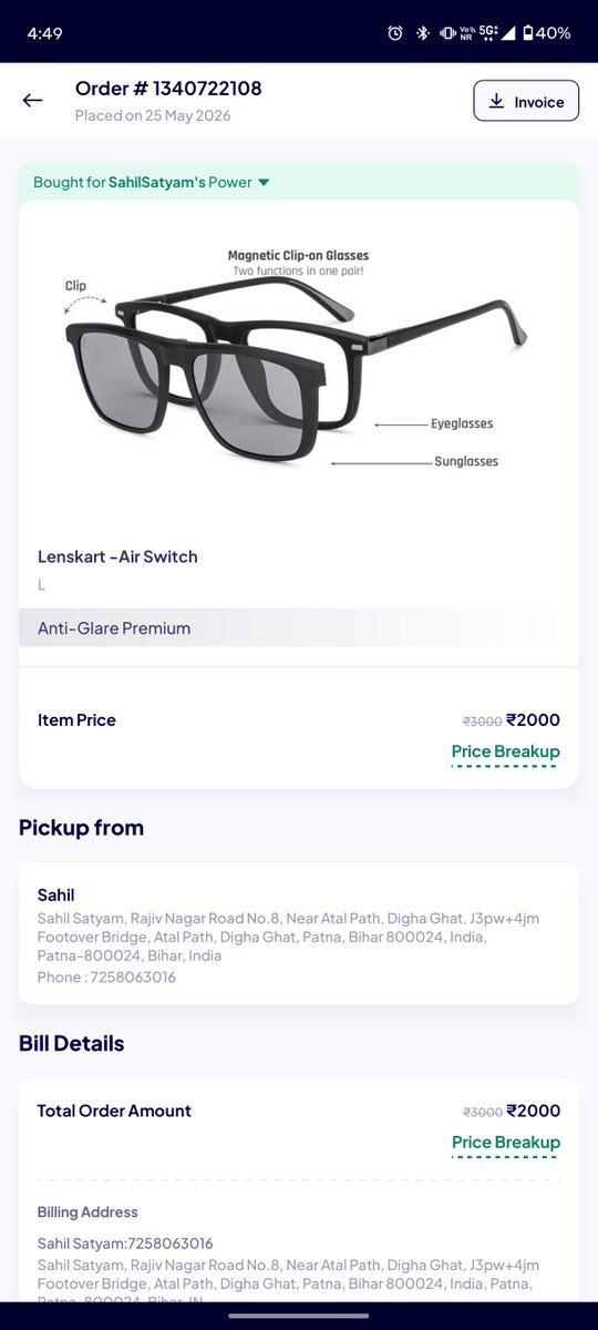 SkillerRoy's tweet photo. Bought a frame for 2000. Got a defective one. Now @Lenskart_com is forcing me to take 2000 store credit instead of a bank refund, while the exact same frame now costs 2500! Extorting ₹500 extra from a student for a warranty replacement. Open Unfair Trade Practice @peyushbansal https://t.co/AALIxgO3vF