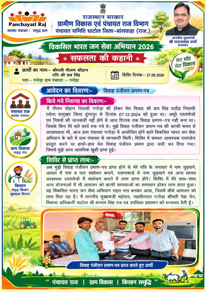 Dmbanswara's tweet photo. विकसित भारत जन सेवा अभियान
सफलता की कहानी
सरकारी योजनाओं का लाभ, जीवन में बदलाव—यही है विकसित भारत जन सेवा अभियान की सफलता।
@RajCMO @DIPRRajasthan @RajGovOfficial @babulalkharadi3 #VBJSA https://t.co/cLXaDOu69X