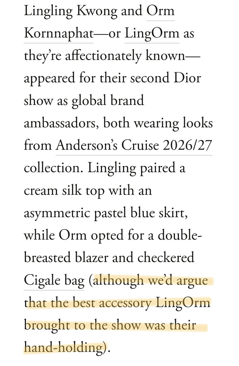pmousesorm's tweet photo. "we'd argue the best accessory lingorm brought to the show was their handholding" grazia singapore knows ball 😏

#DiorSummer27xLingOrm #LinglingKwong #OrmKornnaphat https://t.co/lLzWbhNdUm