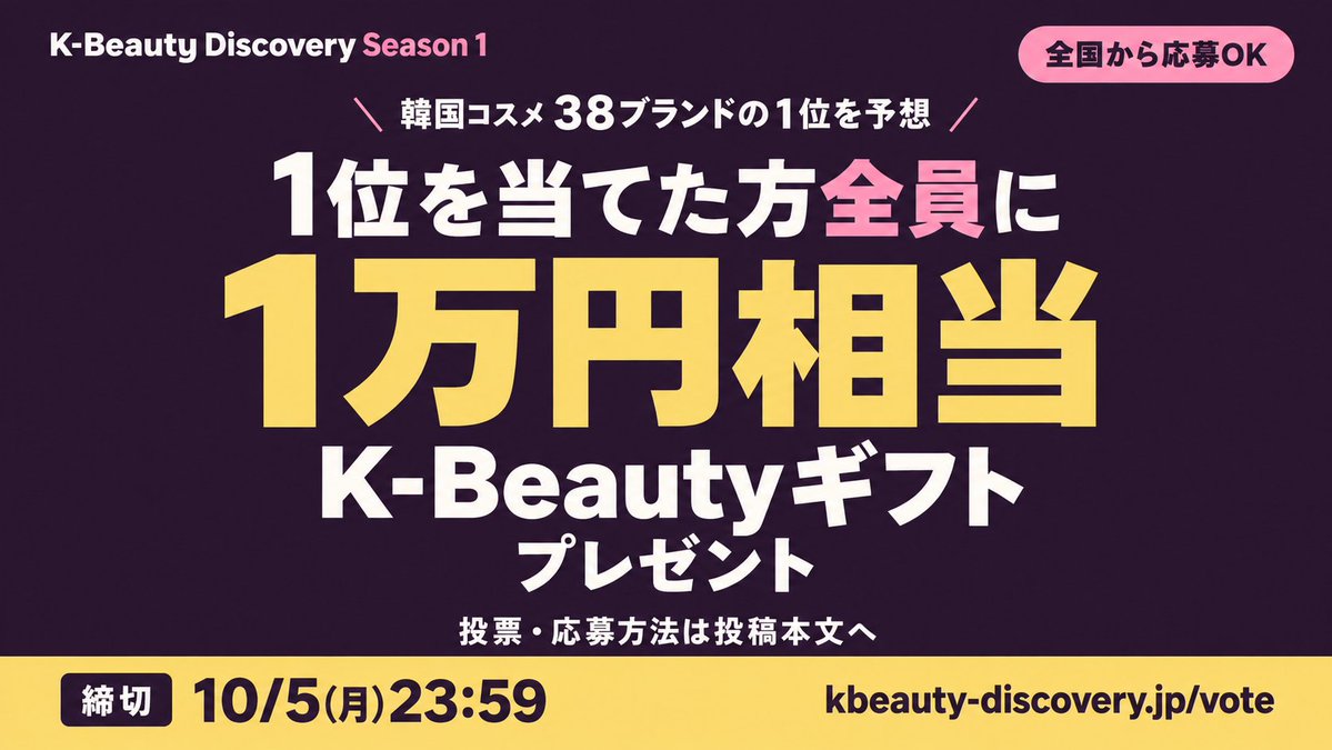 KBDiscovery's tweet photo. 1位を当てた方全員に、
1万円相当のK-Beautyギフト🎁

韓国コスメ38ブランド、あなたの予想は？
全国から応募できます。
投票：https://t.co/Oo3vzmU1vO
締切：10/5(月)23:59

【K-Beauty Discovery Season 1 応募方法】
①このポストをリポスト
②サイトで投票し、予想をポスト
③予想ポストのスクショをKBD公式LINEへ

賞品は当選者に後日郵送します。

【来場者特典】
INCUBE天神の会場に来店＆応援ポストで、コスメ本品1点をその場でプレゼント（数量限定）。

#韓国コスメ #KBD_S1 #プレゼントキャンペーン