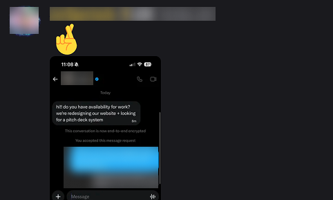 A screenshot of an SMS message asking 'hi! do you have availablity for work? we're redesigning our website + looking for a pitch deck system', with a pointing finger emoji indicating a notification.