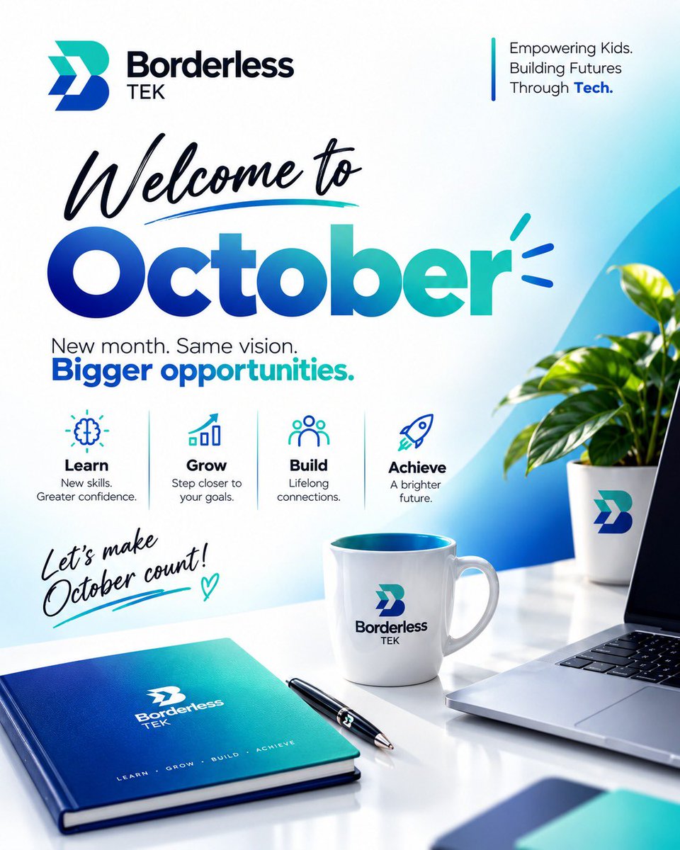 AtexXeta's tweet photo. โจ Welcome to October!
A new month. New opportunities. New possibilities. ๐
Letโs learn, grow, build, and achieve together. ๐๐
#BorderlessTEK #WelcomeOctober #EmpoweringKids #BuildingFuturesThroughTech https://t.co/y2GkixwPD3