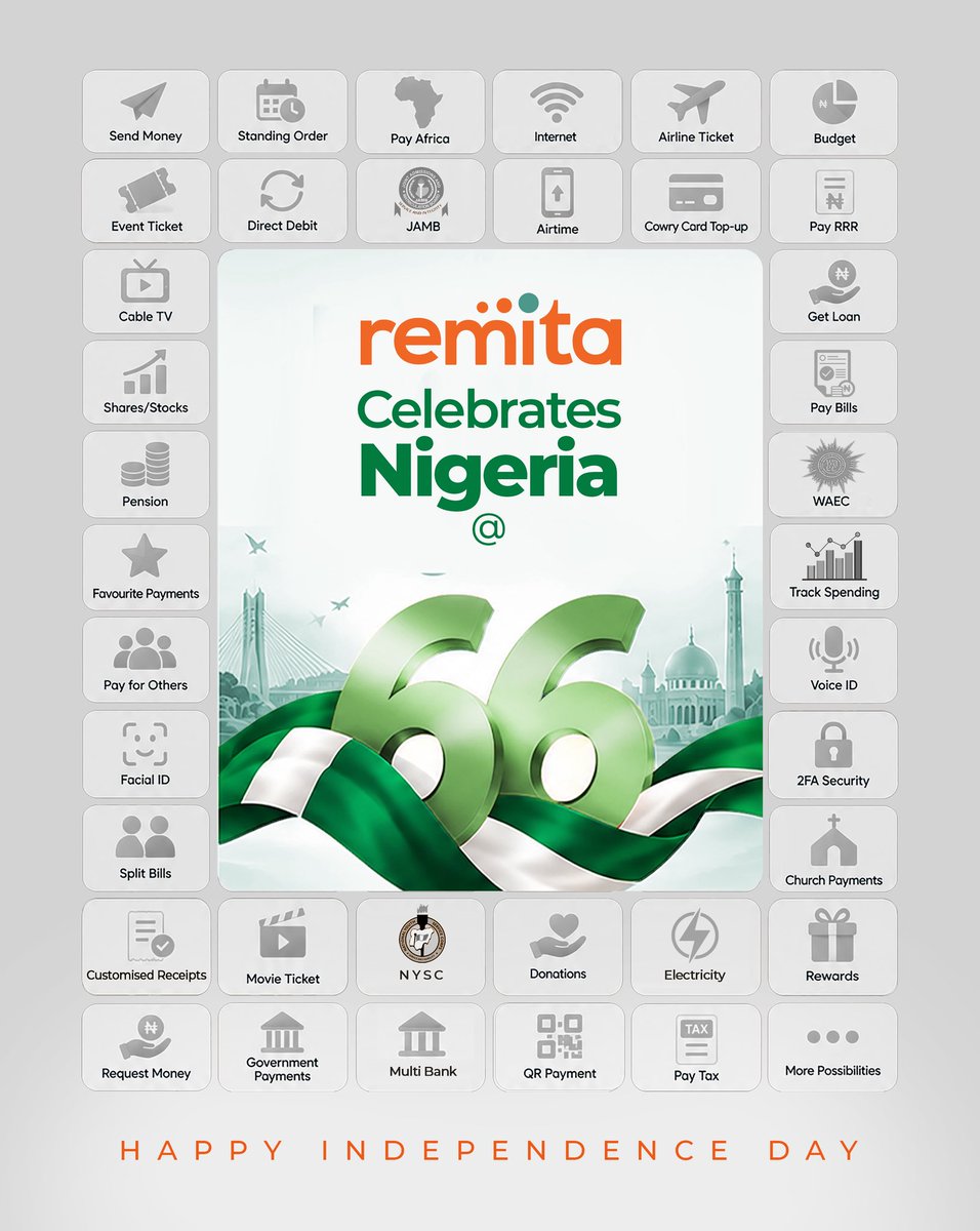 RemitaNET's tweet photo. 66 Years. One Nigeria🇳🇬. Endless possibilities.
#HappyIndependenceDay #NigeriaAt66 #Remita #IndependenceDay https://t.co/xRHl1jPUsa
