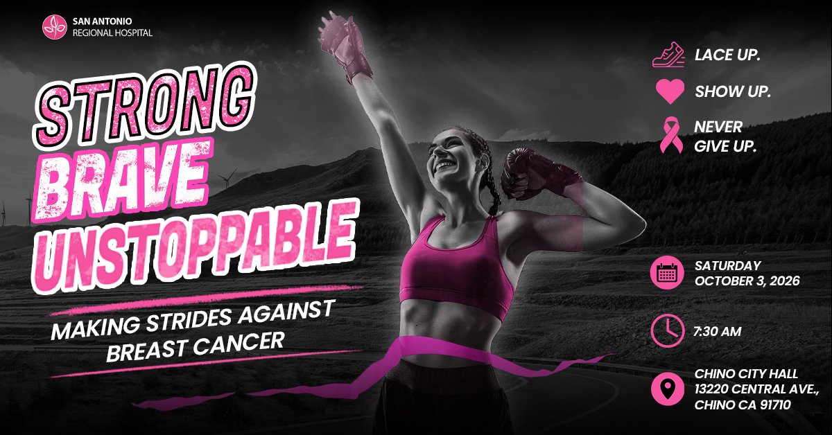 SanAntonioHosp's tweet photo. Strong. Brave. Unstoppable. Join the SARH Team on Oct 3 for the Making Strides Against Breast Cancer at Chino City Hall as we take strides to knock out breast cancer &amp; support everyone impacted. Starts 7:30 am
Join us, &amp; bring a friend: 
#HereForLife https://t.co/ds4jJ1D7Is