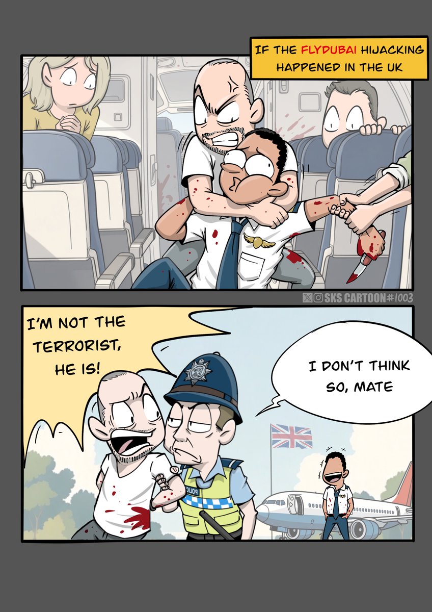 skscartoon's tweet photo. Can you imagine what would have happened if the FlyDubai hijacking had taken place in the UK? https://t.co/tRqVHfzl6p