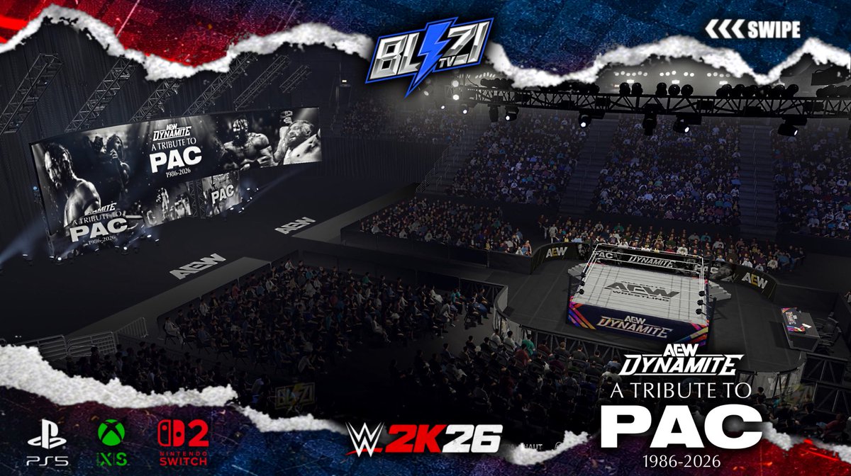 BliziTV's tweet photo. 🚨 NEW UPLOAD ON #WWE2K26 COMMUNITY CREATIONS ! 

🕊️ #AEWDynamite A Tribute to PAC ‘26 Arena (MOST ACCURATE)

➡️ Available on consoles (PS5, XBox Series X|S & Nintendo Switch 2) in « Show » & « Arena » sections ! 

🔎 Tags : BliziTV - AEWDynamite - TributeToPAC

ENJOY ‼️

Rest in peace @BASTARDPAC 

#AEW #PAC