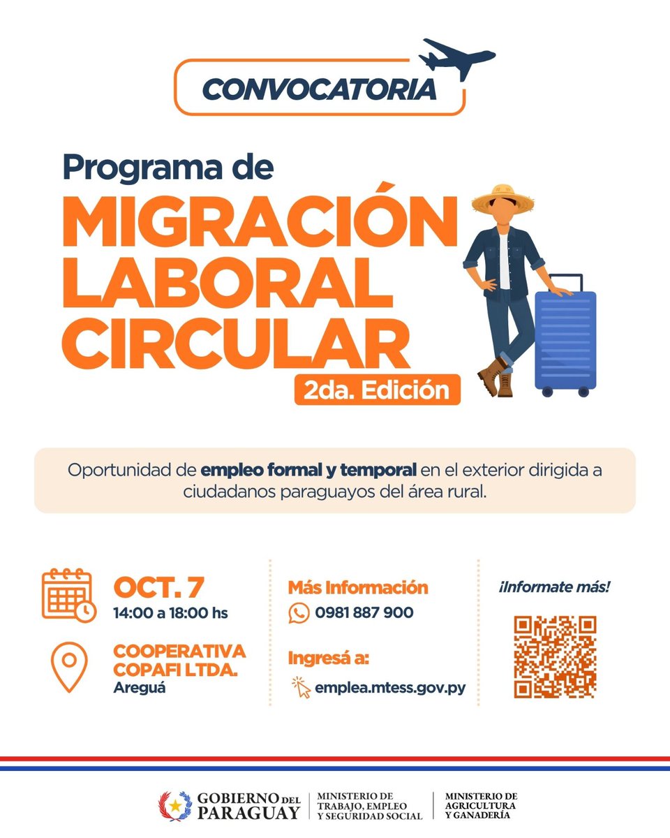 MTESS_PY's tweet photo. #EmpleoCircular | ¡Atención a las próximas convocatorias!

El Ministerio de Trabajo, en alianza con el @magparaguay, prepara nuevas jornadas de socialización y reclutamiento para la segunda edición del Programa Migración Laboral Circular Paraguay-España.

Las convocatorias están dirigidas a personas con experiencia en actividades agrícolas. Mirá la agenda de las próximas jornadas previstas para este mes.

Además, las personas interesadas de todo el país pueden postularse a través de la plataforma https://t.co/feIHhth5B9, ingresando a la opción correspondiente al "Programa Migración Circular".