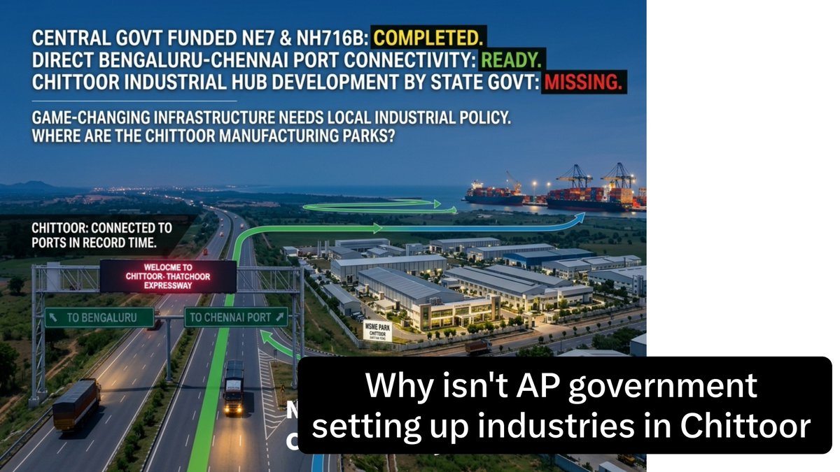 ChittoorCity360's tweet photo. Central Infra (NE-7 &amp; NH-716B): Built ✅
Direct Connectivity to Bengaluru &amp; Chennai Ports: Ready ✅
State Govt Industrial Push in Chittoor: Missing ❌
Multi-crore highway investments are ready, but where are the local manufacturing parks and industrial estates near Chittoor. https://t.co/9i2WsOYBpN