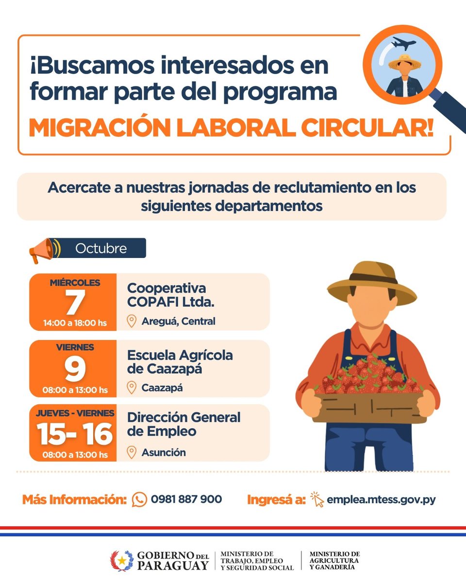 MTESS_PY's tweet photo. #EmpleoCircular | ¡Atención a las próximas convocatorias!

El Ministerio de Trabajo, en alianza con el @magparaguay, prepara nuevas jornadas de socialización y reclutamiento para la segunda edición del Programa Migración Laboral Circular Paraguay-España.

Las convocatorias están dirigidas a personas con experiencia en actividades agrícolas. Mirá la agenda de las próximas jornadas previstas para este mes.

Además, las personas interesadas de todo el país pueden postularse a través de la plataforma https://t.co/feIHhth5B9, ingresando a la opción correspondiente al "Programa Migración Circular".