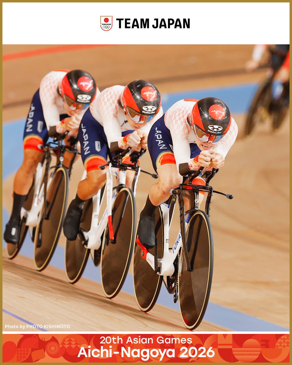 TeamJapan's tweet photo. ◤ 📸TEAM JAPAN Shots #愛知名古屋2026 ◢

🚴自転車／トラック
【男子チームスプリント】
2位 🥈
中石湊 選手、太田海也 選手、長迫吉拓 選手、髙橋奏多 選手

【男子チームパシュート】
2位 🥈
窪木一茂 選手、松田祥位 選手、兒島直樹 選手、梅澤幹太 選手

【女子チームパシュート】
2位 🥈
梶原悠未 選手、内野艶和 選手、池田瑞紀 選手、垣田真穂 選手

#TEMAJAPAN がチームスプリント、チームパシュートで3つの銀メダルを獲得🇯🇵🙌

@JCF_cycling
#ともに一歩踏み出す勇気を

愛知・名古屋アジア大会はTBS ▶︎ @TBS_TV_S1