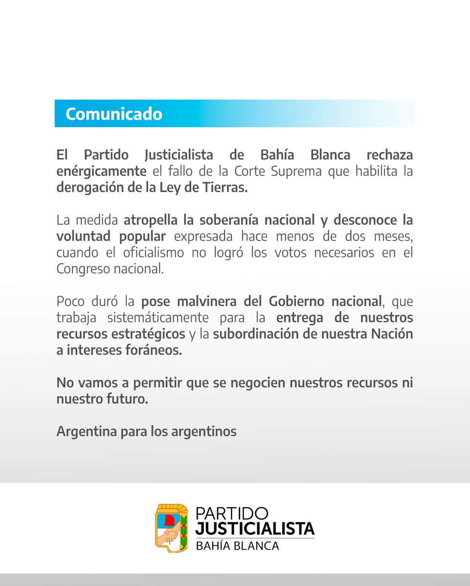 pj_bahia's tweet photo. Comunicado | Ante el fallo de la Corte Suprema que habilita la derogación de la Ley de Tierras https://t.co/i7Zb4Evu6p