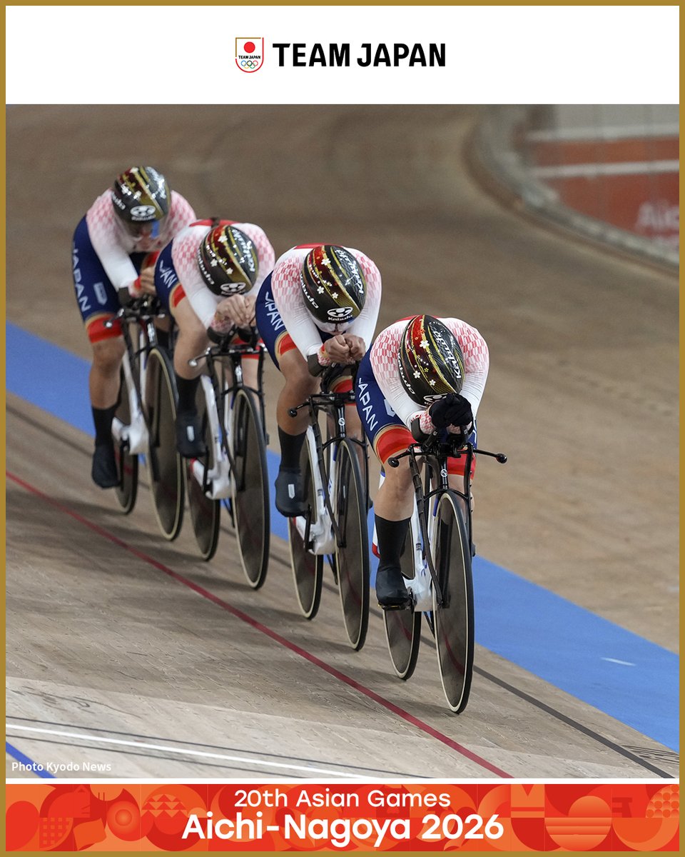 TeamJapan's tweet photo. ◤ 📸TEAM JAPAN Shots #愛知名古屋2026 ◢

🚴自転車／トラック
【男子チームスプリント】
2位 🥈
中石湊 選手、太田海也 選手、長迫吉拓 選手、髙橋奏多 選手

【男子チームパシュート】
2位 🥈
窪木一茂 選手、松田祥位 選手、兒島直樹 選手、梅澤幹太 選手

【女子チームパシュート】
2位 🥈
梶原悠未 選手、内野艶和 選手、池田瑞紀 選手、垣田真穂 選手

#TEMAJAPAN がチームスプリント、チームパシュートで3つの銀メダルを獲得🇯🇵🙌

@JCF_cycling
#ともに一歩踏み出す勇気を

愛知・名古屋アジア大会はTBS ▶︎ @TBS_TV_S1