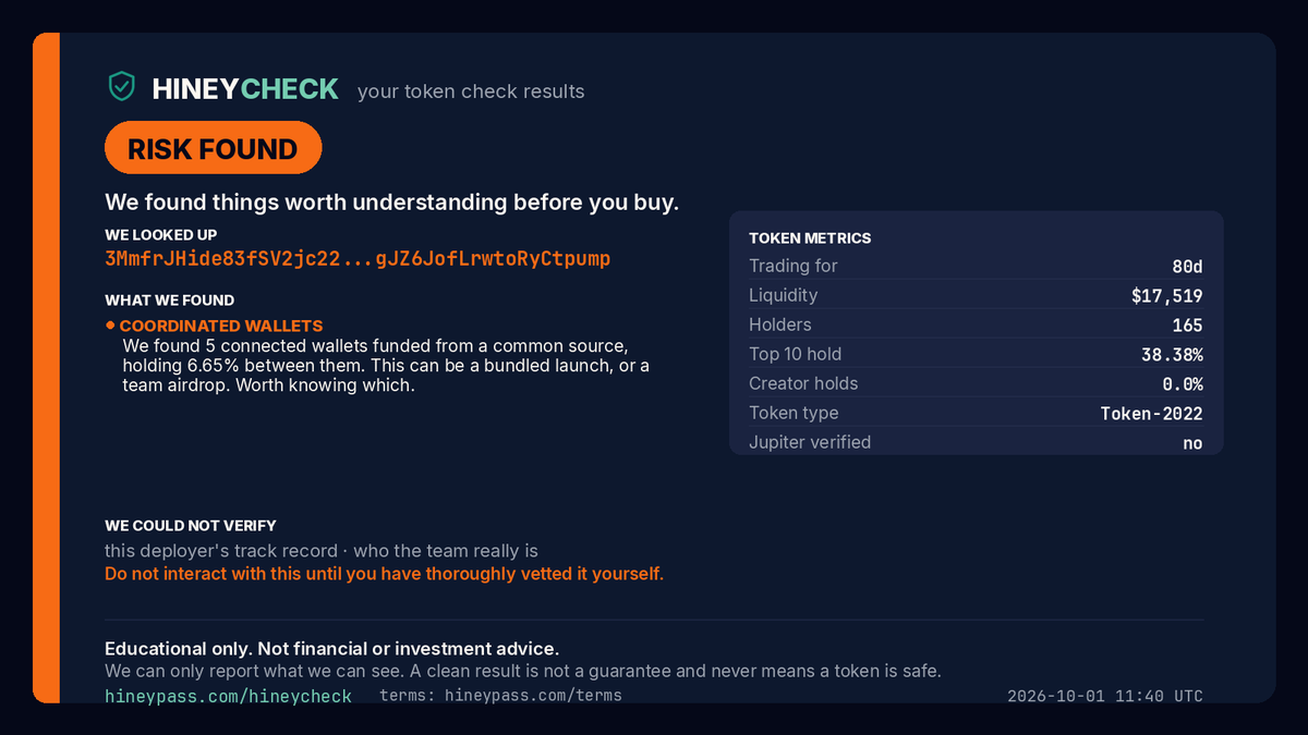 hineycheck's tweet photo. @hineycoin @HineyKinScott 🟠 We found risks worth understanding before you buy. Details in the card.

Educational only, not advice. Terms linked in bio. https://t.co/J8cASH3a9P