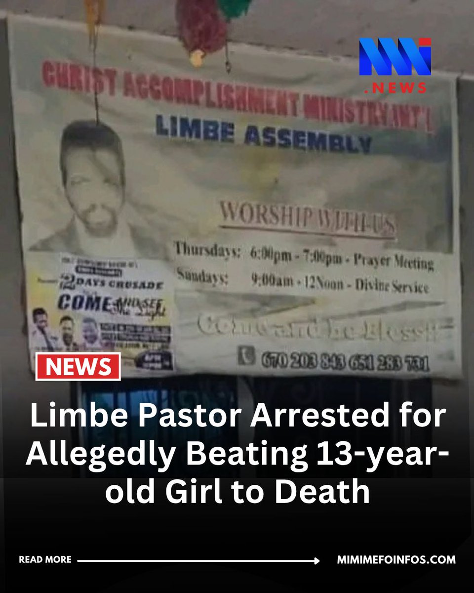 MimiMefoInfo's tweet photo. A Limbe-based pastor, Mbah Michael, founder of Christ Accomplishment Ministry International, has been arrested in connection with the death of a 13-year-old girl, Julie Che.

The Form 3 student at GHS Limbe reportedly died on Tuesday, September 29, after being rushed to Limbe Regional Hospital.

Pastor Mbah and his wife, Yvette Che, are accused of beating Julie over an alleged theft of FCFA 1,500.

Read more: https://t.co/6v14So20cn

#MMINews