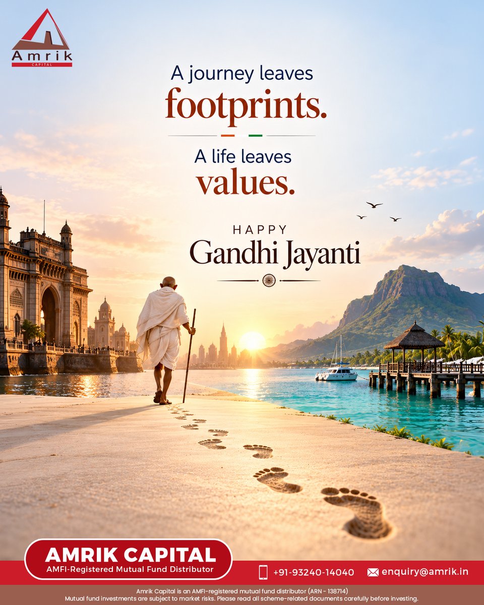 AmrikCapital's tweet photo. Bapu united a nation through collective will.
Your financial goals, too, grow stronger with the right people by your side.
Happy Gandhi Jayanti! ✨
 
#GandhiJayanti #MahatmaGandhi #HappyGandhiJayanti #Bapu #RememberingGandhiji https://t.co/yo6WXKHHmX