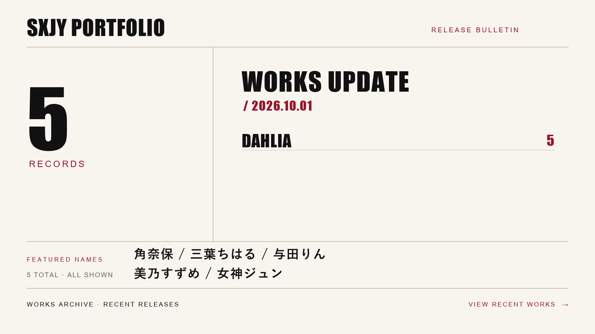 SXJYPortfolio's tweet photo. Works Archive 更新

新着作品を合計5件追加しました。
DAHLIAからの更新をまとめてご覧いただけます。

https://t.co/fbvgZBv4E4

#角奈保 #三葉ちはる #与田りん #美乃すずめ #女神ジュン #WorksArchive https://t.co/MNGlwgOMwA