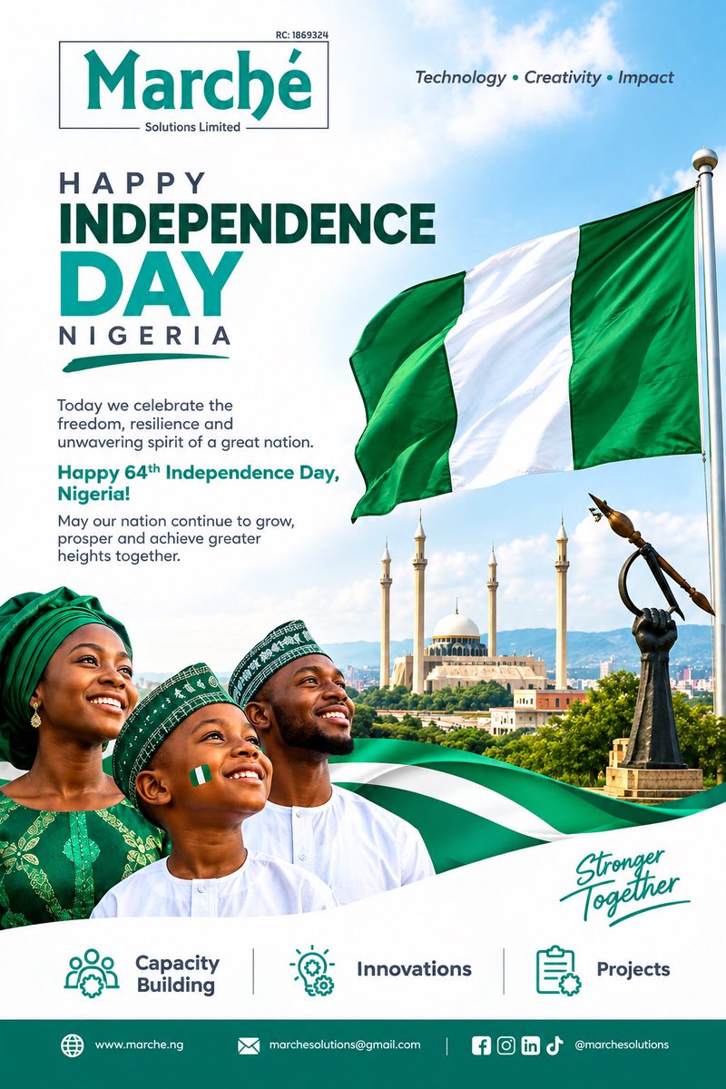 marchesolutions's tweet photo. 🇳🇬 Happy Independence Day, Nigeria! 🇳🇬
Happy 64th Independence Day, Nigeria! 🇳🇬💚
#HappyIndependenceDay #NigeriaAt64 #MarcheSolutions #StrongerTogether #CapacityBuilding #Innovations #Projects #Nigeria #TechnologyCreativityImpact https://t.co/km6t9R2NmK
