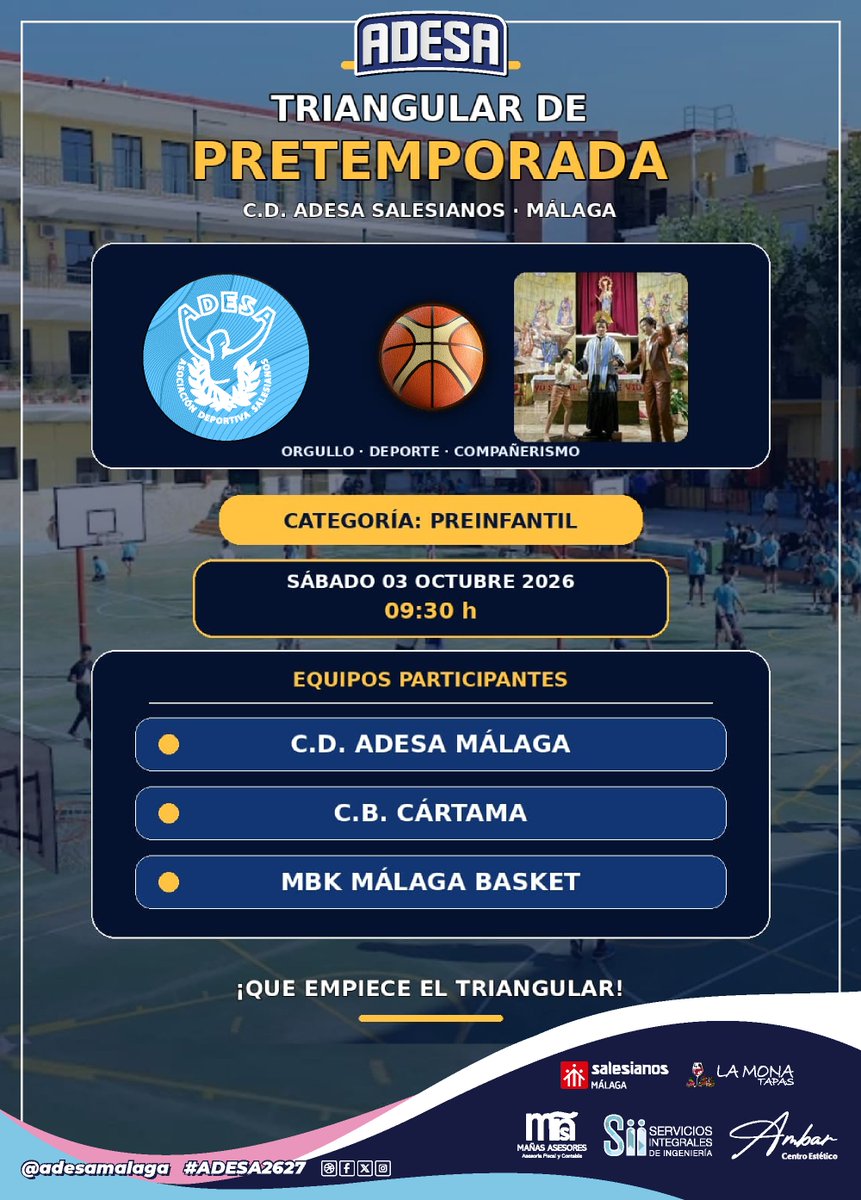 AdesaMalaga's tweet photo. 🏀Orgullo, deporte y compañerismo.⛹️♂️
Este Sábado 3 de Octubre se disputará un triangular amistoso de pretemporada en @SalesianosMLG con la participación de @clubmbk y @CB_Cartama.
¡Os esperamos para animar a nuestro equipo!🙌
#ForzaAdesa #ADESA2627 #EstaEsTuCasa https://t.co/mPqloHzd0c