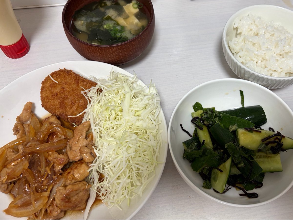 x_xs2_m's tweet photo. 生姜焼き！
買ったみしまコロッケ！！大好き！！
きゅうりごま油塩昆布！
豆腐とわかめ味噌汁！！
米買うの忘れてサトウ(仮)のご飯！
あとこの前のナスの煮浸し？ののこり https://t.co/UDkkHk7Zns