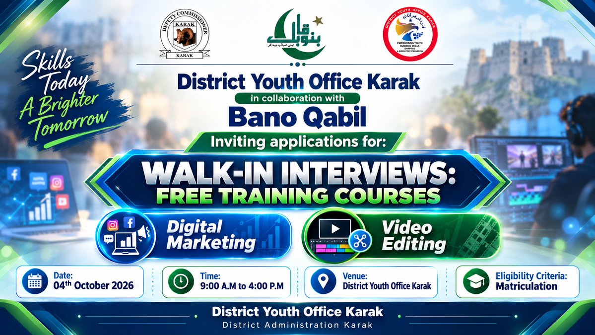 DYOKarak's tweet photo. Walk-In Interviews | Free Training 🎓

District Youth Office Karak, in collaboration with Bano Qabil, offers free courses in Digital Marketing &amp; Video Editing.

📅 4 Oct | 🕘 9 AM–4 PM
🎓 Eligibility: Matric
📍 District Youth Office Karak

Apply: [https://t.co/HATG4f0Wnf) https://t.co/YY9Q3tuCkp