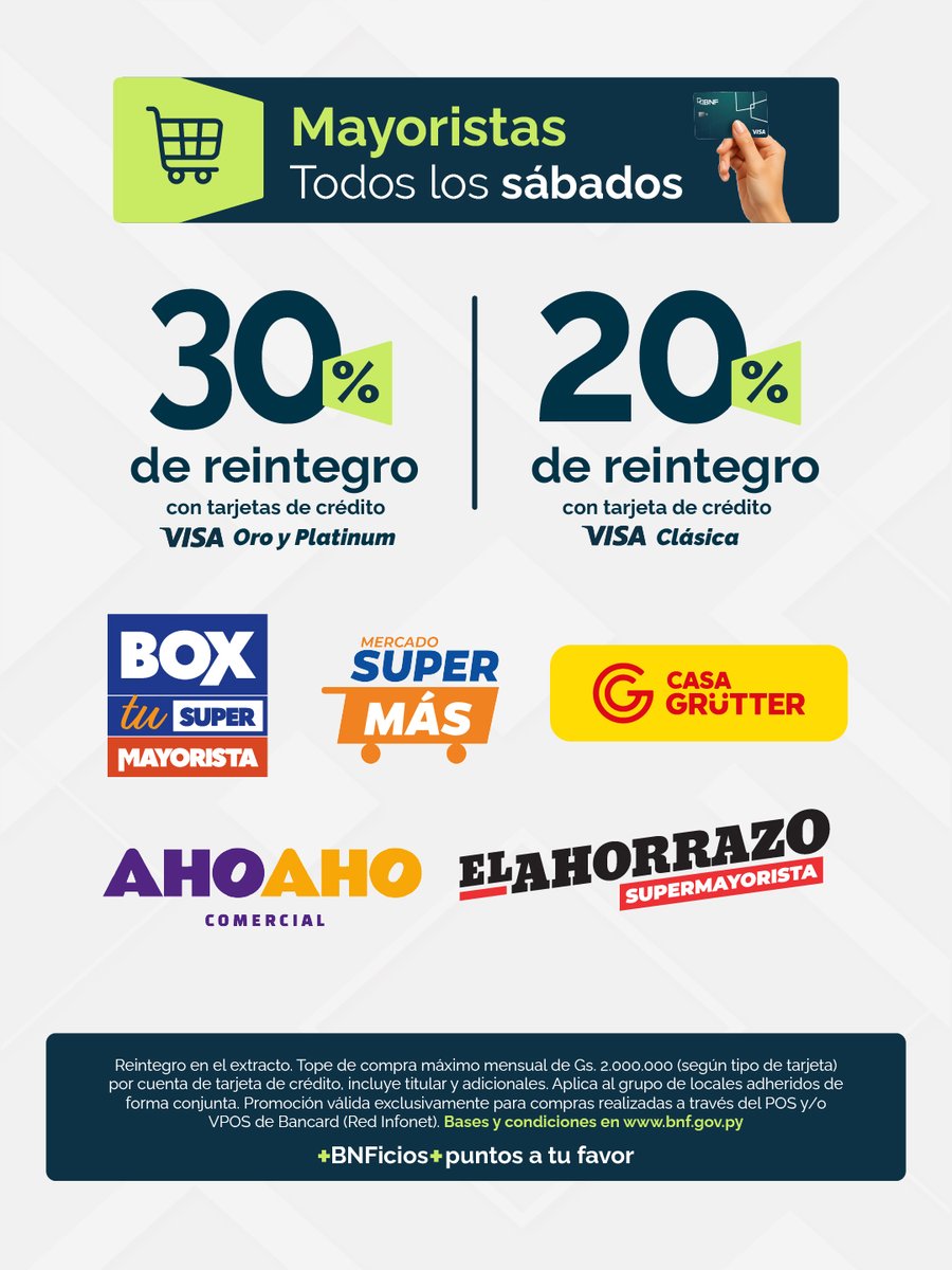 BNF_Py's tweet photo. 💳 ¡Octubre llega cargado de BNFicios!
⠀
Pagá con tu Tarjeta de Crédito VISA  y accedé a promociones en:
⠀
📦 Mayoristas
💊 Farmacias
⛽ Estaciones de Servicio
🛒 Supermercados
🥩 Frigoríficos
⠀
👉 Consultá bases y condiciones en https://t.co/IUPculRlMH https://t.co/rlae1hbKQp