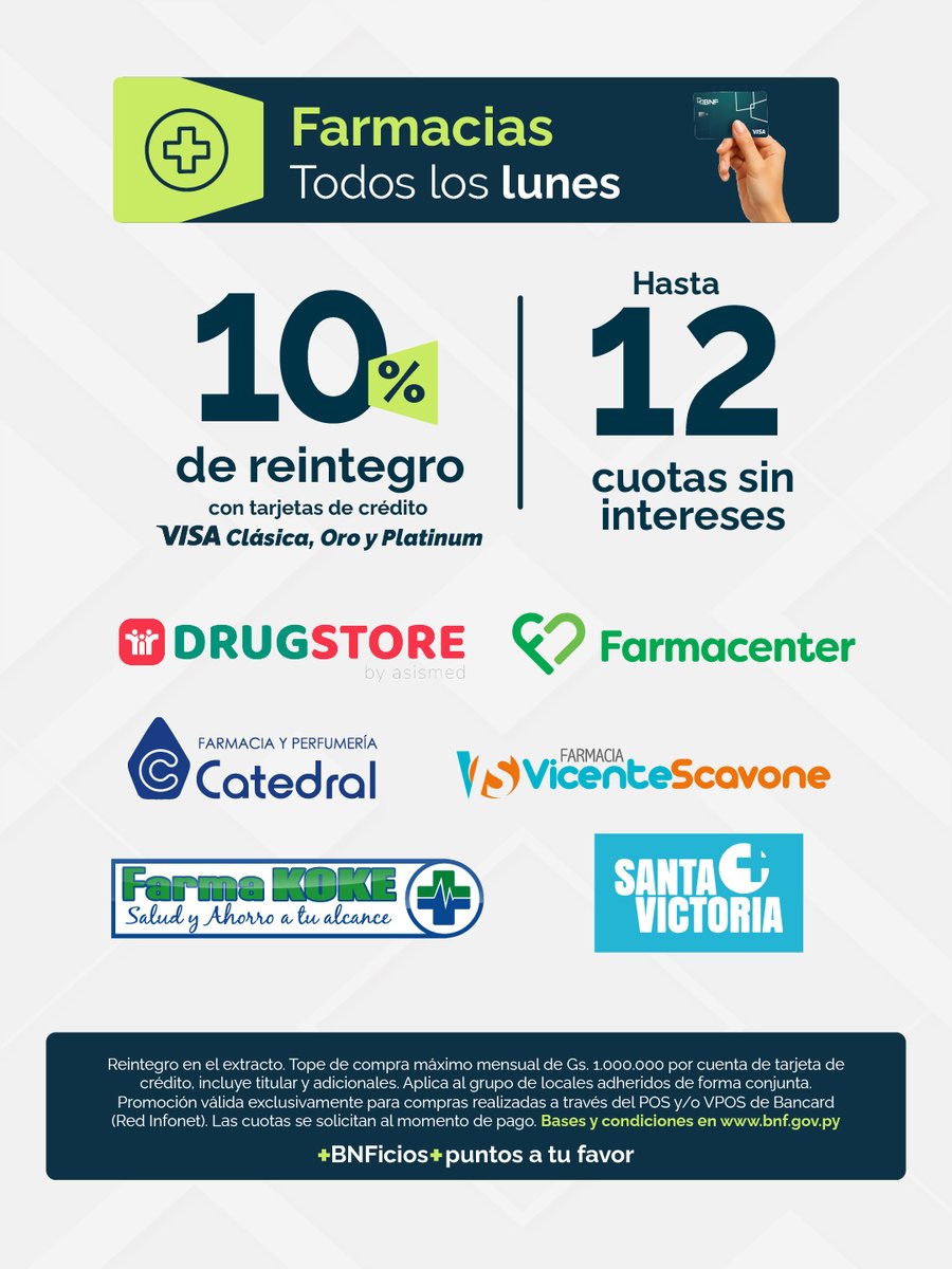 BNF_Py's tweet photo. 💳 ¡Octubre llega cargado de BNFicios!
⠀
Pagá con tu Tarjeta de Crédito VISA  y accedé a promociones en:
⠀
📦 Mayoristas
💊 Farmacias
⛽ Estaciones de Servicio
🛒 Supermercados
🥩 Frigoríficos
⠀
👉 Consultá bases y condiciones en https://t.co/IUPculRlMH https://t.co/rlae1hbKQp